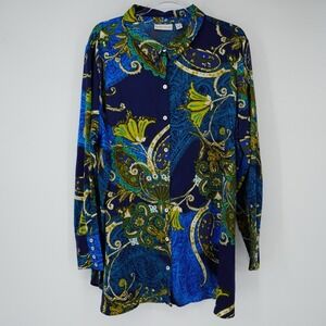 Susan Graver Satin Paisley Button Up Long Sleeve 2X Artsy Careerwear Office